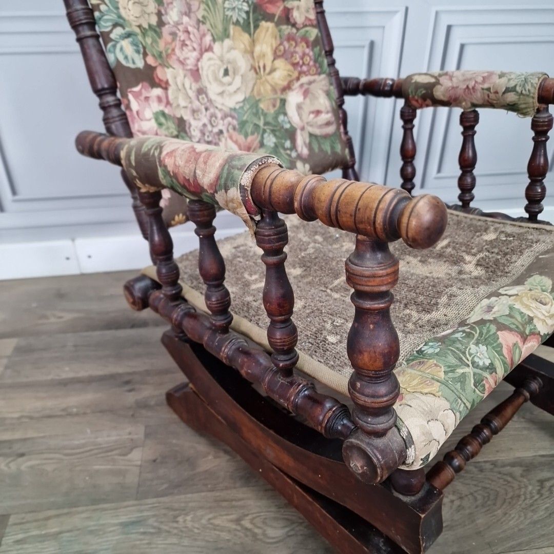 Antique American Rocking Chair Edwardian Sprung Decorative Turned Wooden Seat photo Furniture