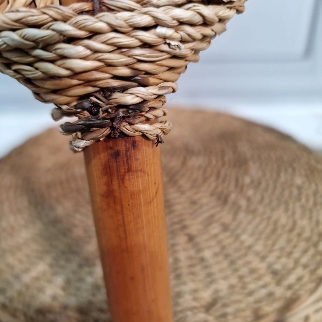 75.0 Vintage Rattan Side Table Round Two Tier Wicker Boho Lamp Plant Stand Retro photo