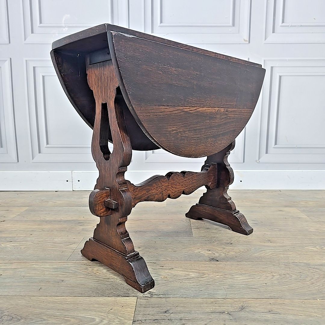 Antique Drop Leaf Table Wooden Sofa Coffee Oval Top Carved Trestle Base Oak