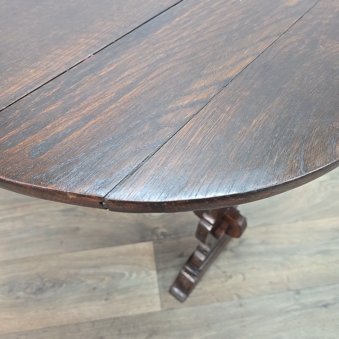 140.0 Antique Drop Leaf Table Wooden Sofa Coffee Oval Top Carved Trestle Base Oak photo