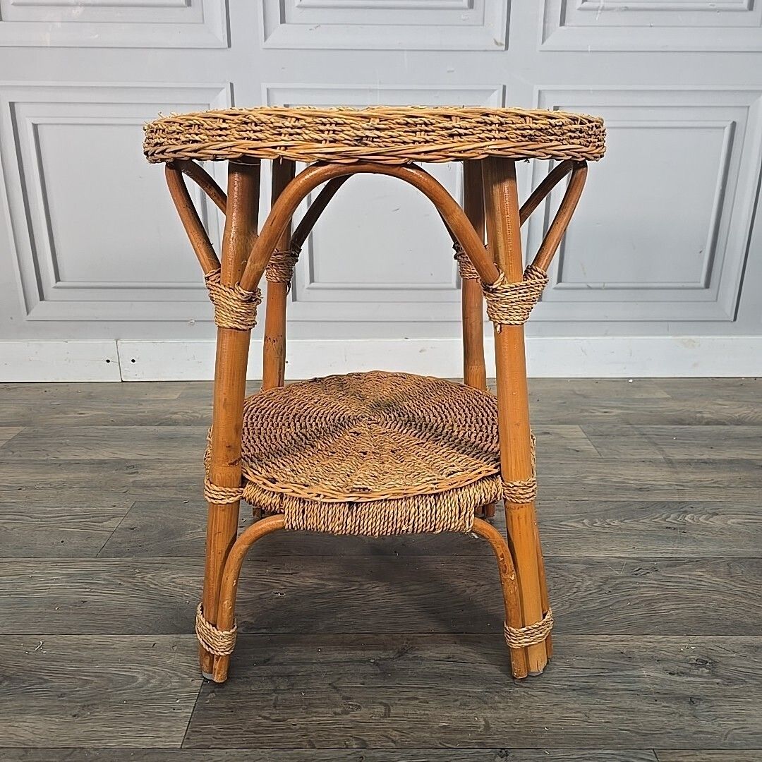 Vintage Rattan Side Table Round Two Tier Wicker Boho Lamp Plant Stand Retro photo Furniture