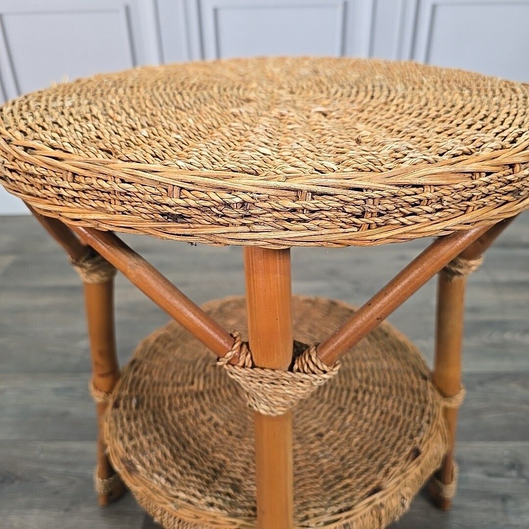 Vintage Rattan Side Table Round Two Tier Wicker Boho Lamp Plant Stand Retro photo vinterior