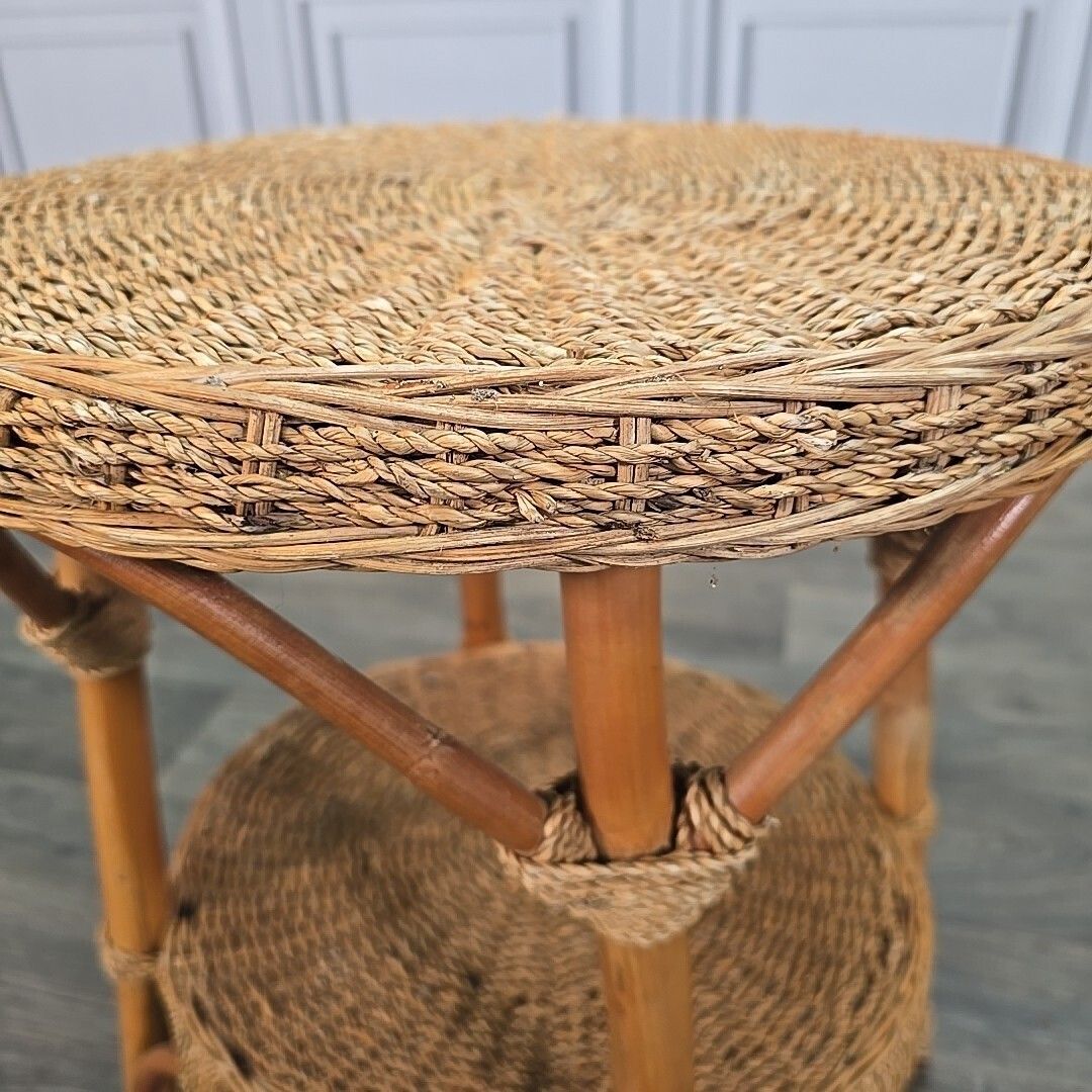 Vintage Rattan Side Table Round Two Tier Wicker Boho Lamp Plant Stand Retro photo vintage