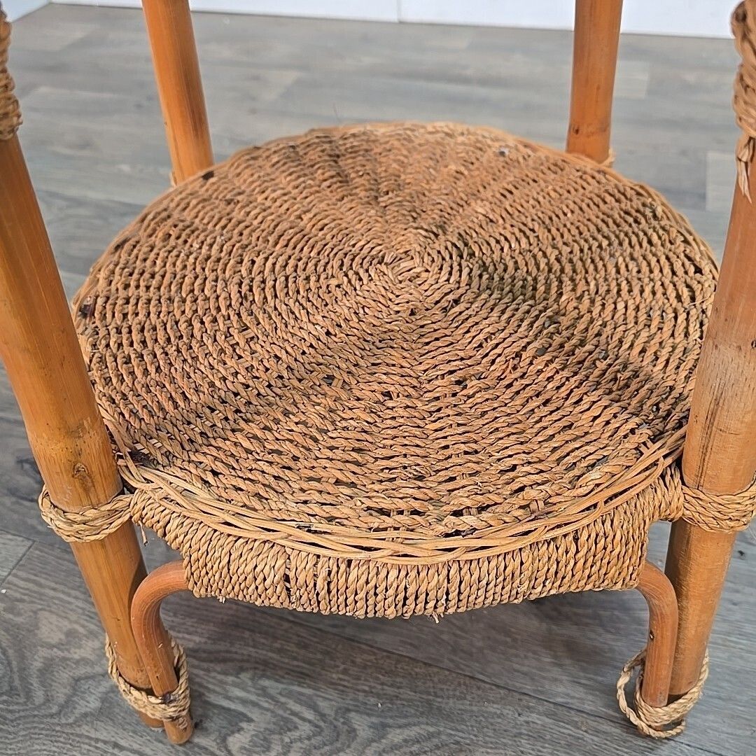 photo for sale Vintage Rattan Side Table Round Two Tier Wicker Boho Lamp Plant Stand Retro