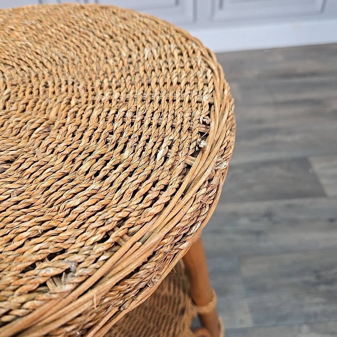 photo buy Vintage Rattan Side Table Round Two Tier Wicker Boho Lamp Plant Stand Retro