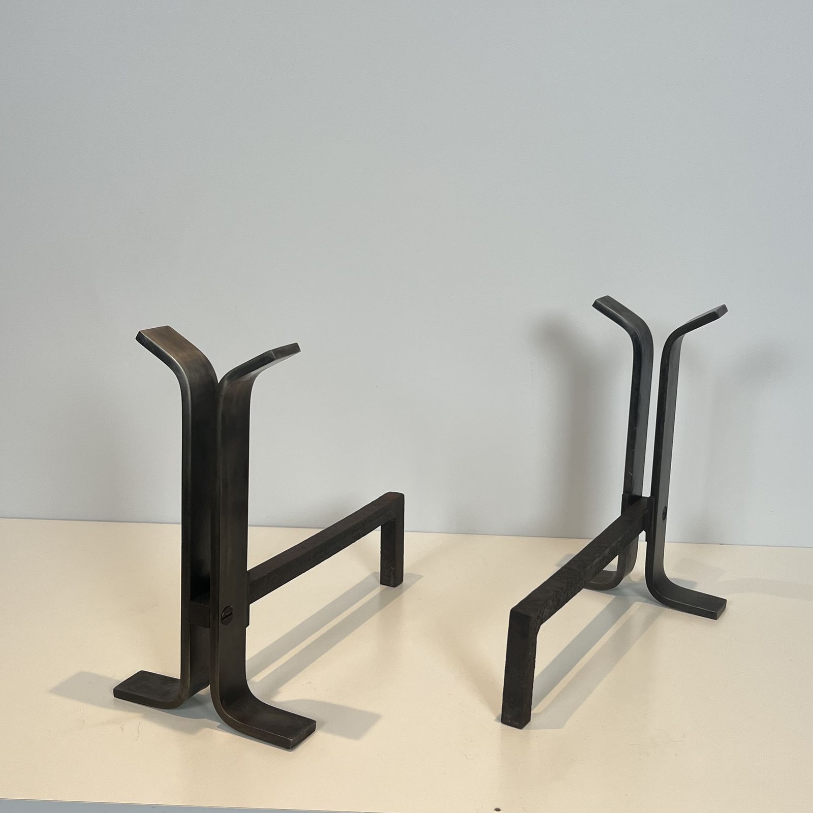 1450.0 Pair Of Modernist Steel And Wrought Iron Andirons photo