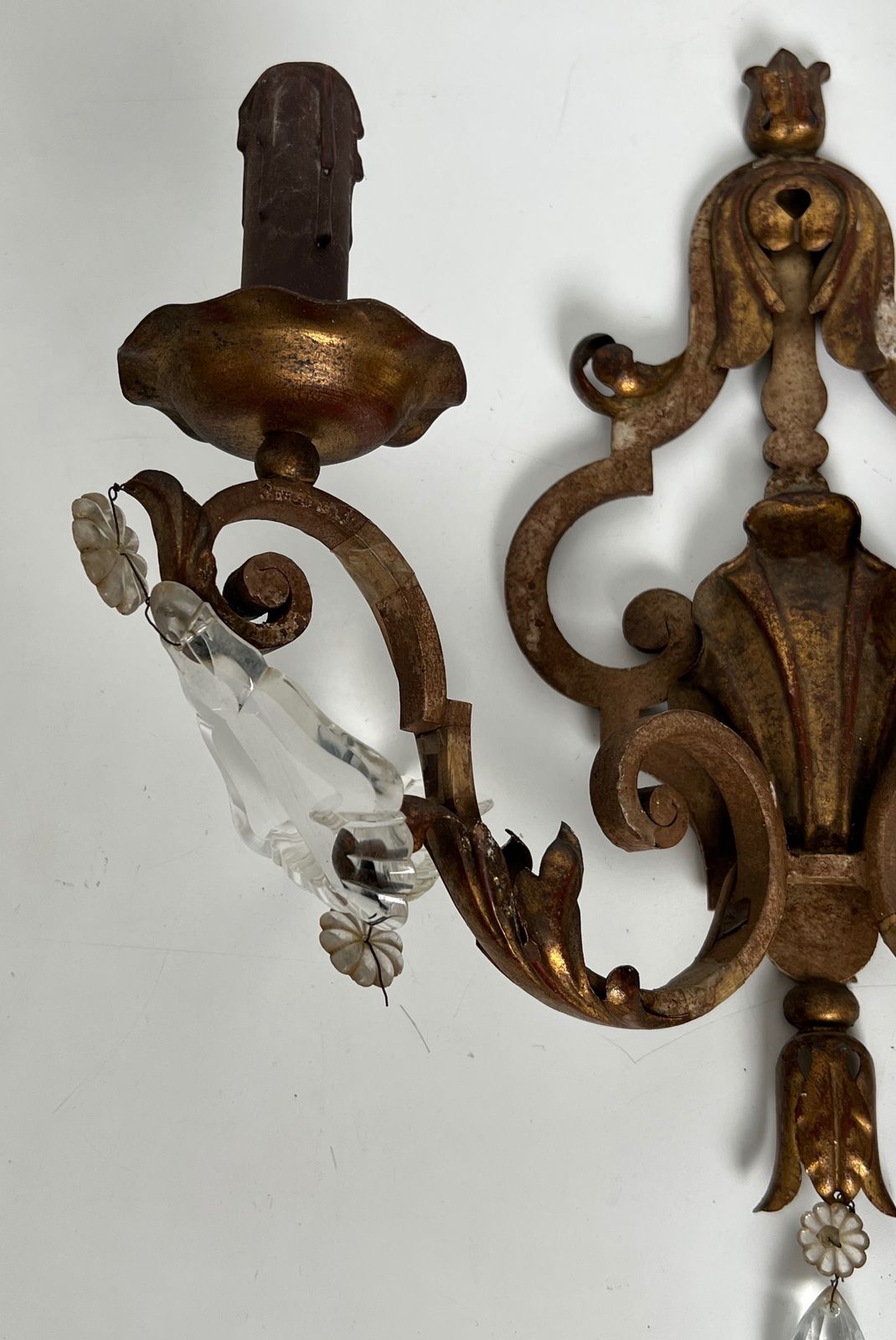 Pair Of Patinated Wrought Iron Wall Sconces With Gilded Acanthus Leaves And Crystals photo buy