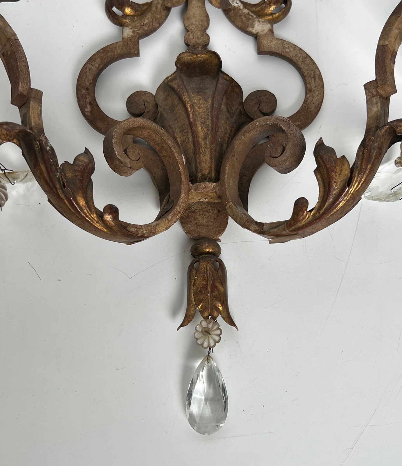 photo furniture Pair Of Patinated Wrought Iron Wall Sconces With Gilded Acanthus Leaves And Crystals