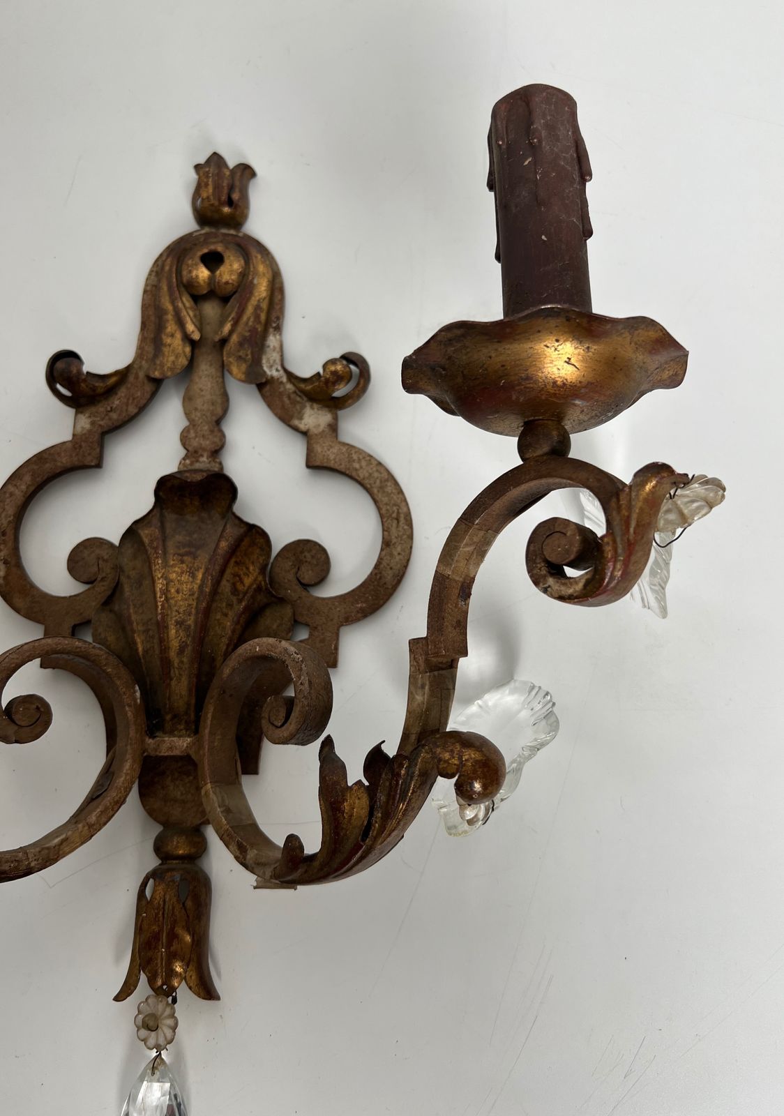 photo for sale Pair Of Patinated Wrought Iron Wall Sconces With Gilded Acanthus Leaves And Crystals