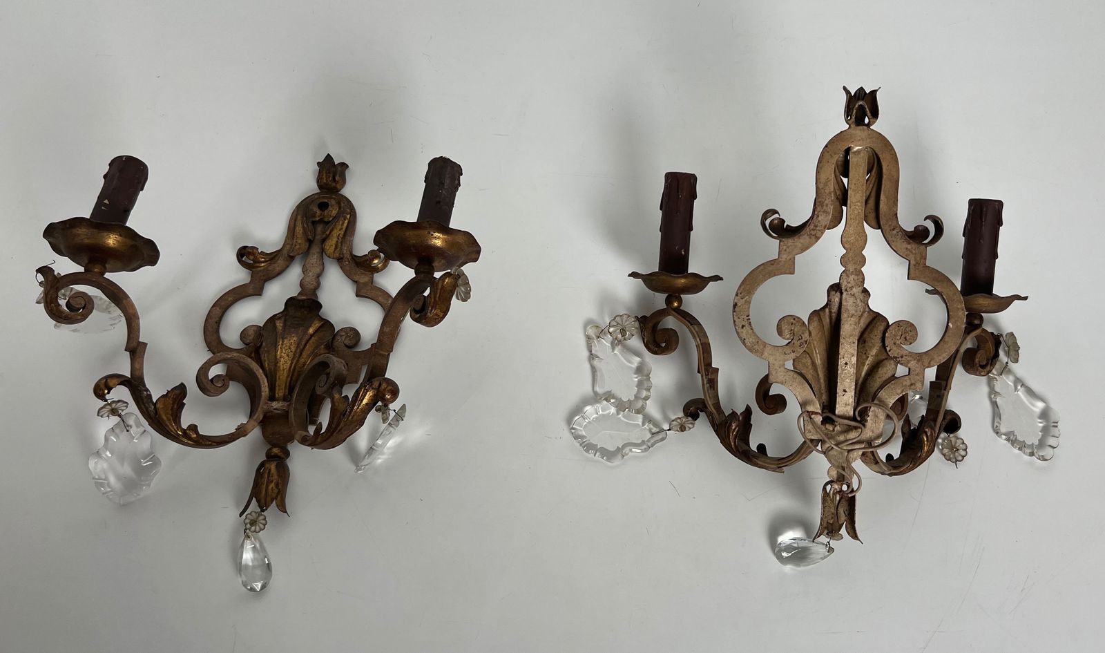Home Decor Pair Of Patinated Wrought Iron Wall Sconces With Gilded Acanthus Leaves And Crystals photo