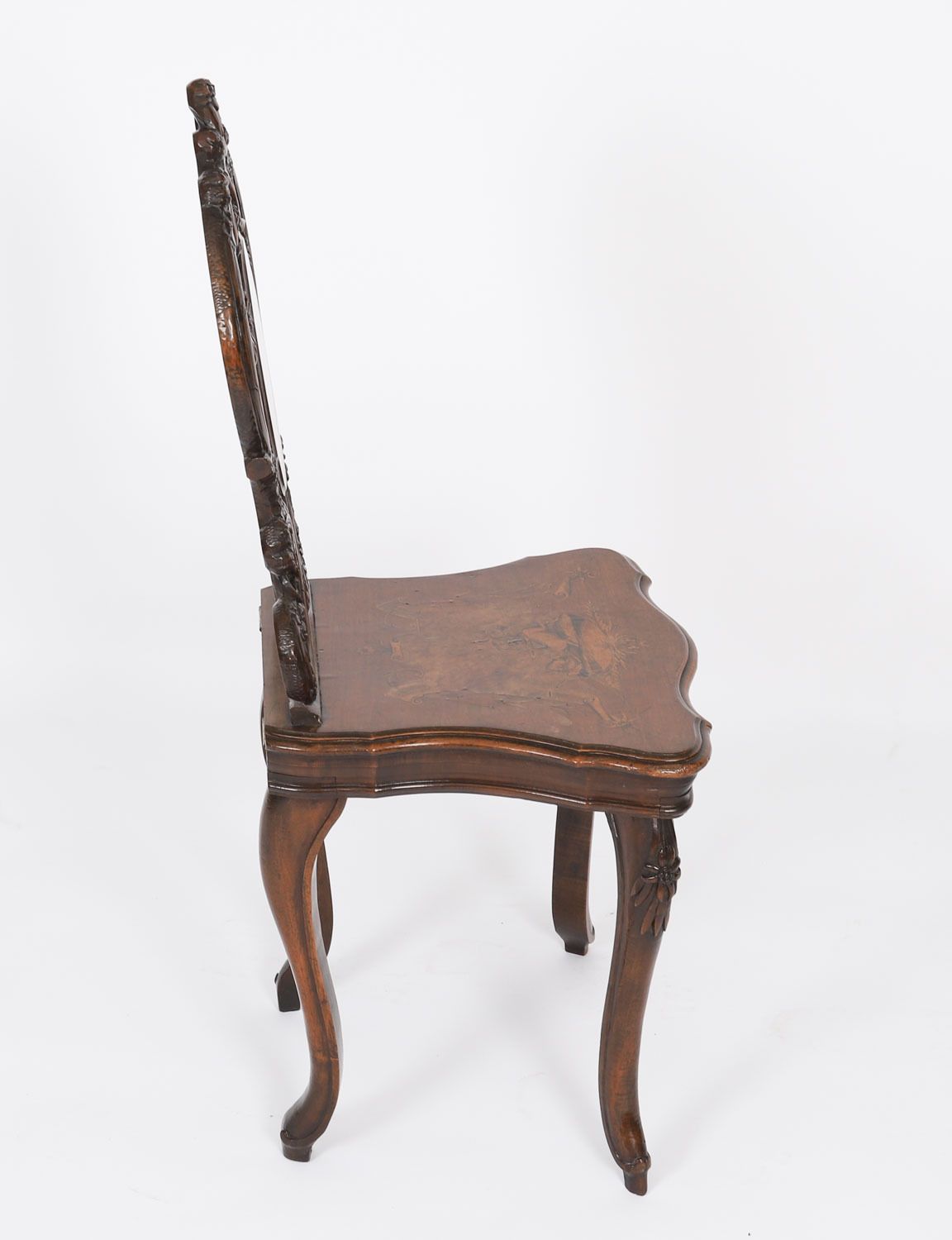 Antique Swiss Walnut Marquetry Inlaid Musical Chair 19th C photo for sale