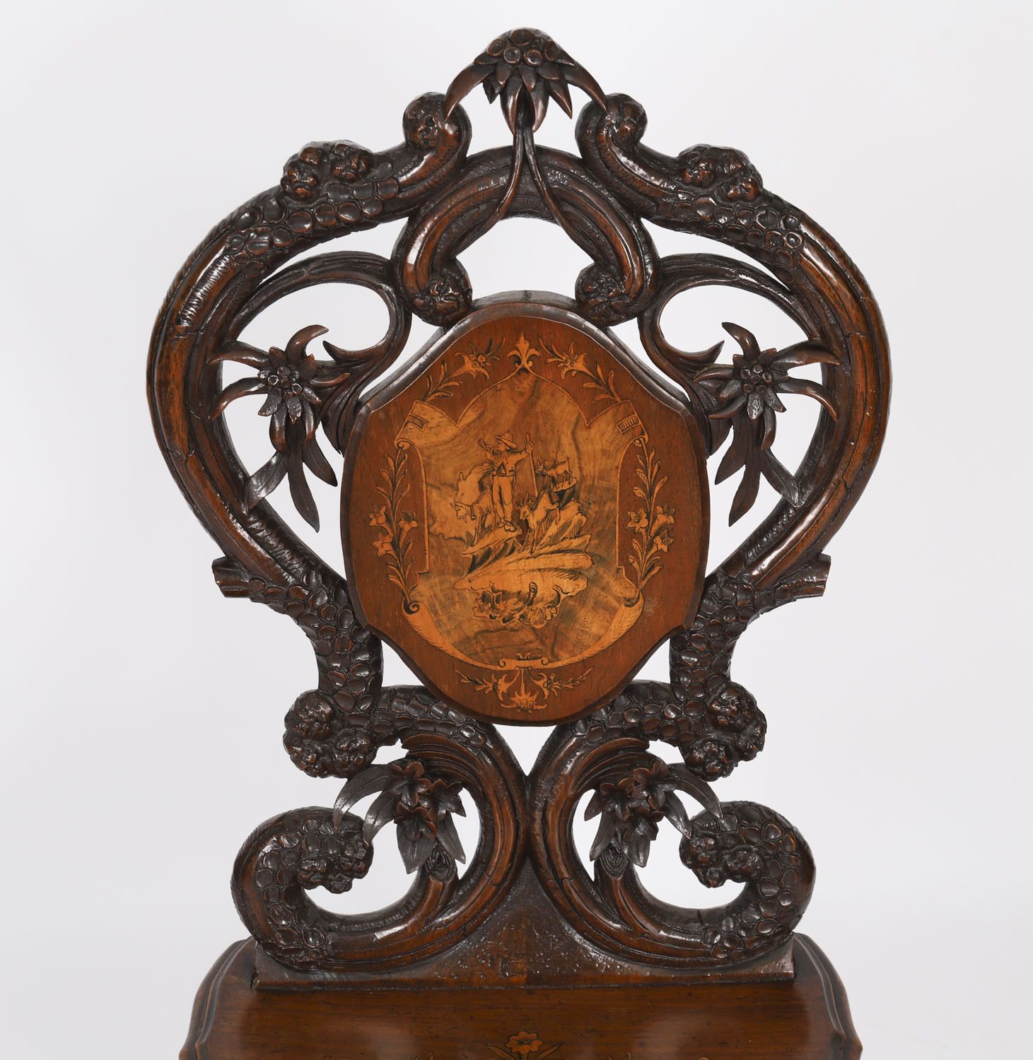 photo furniture Antique Swiss Walnut Marquetry Inlaid Musical Chair 19th C