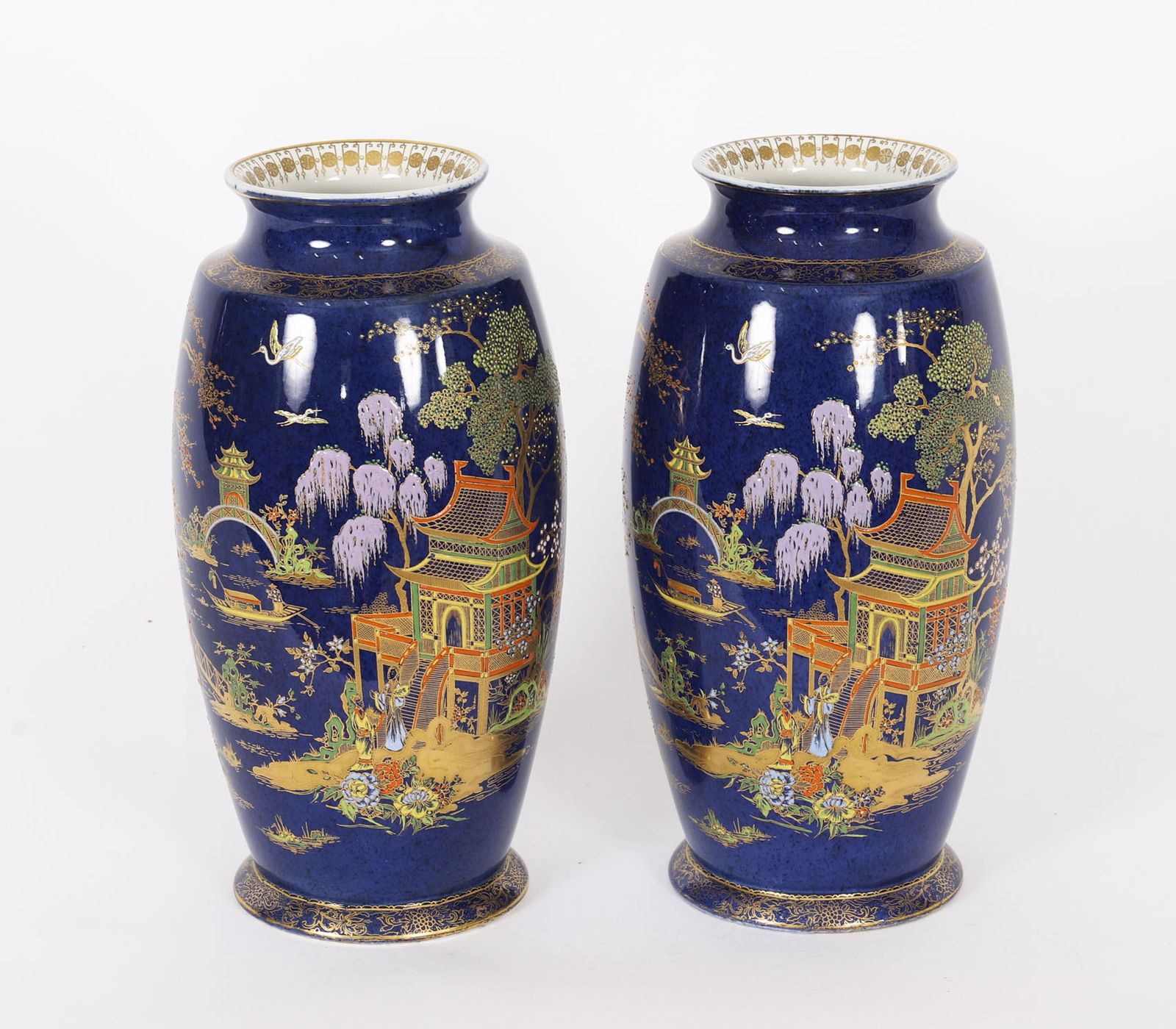 Antique Pair Carlton Ware Cobalt Blue Porcelain Vases Circa 1920