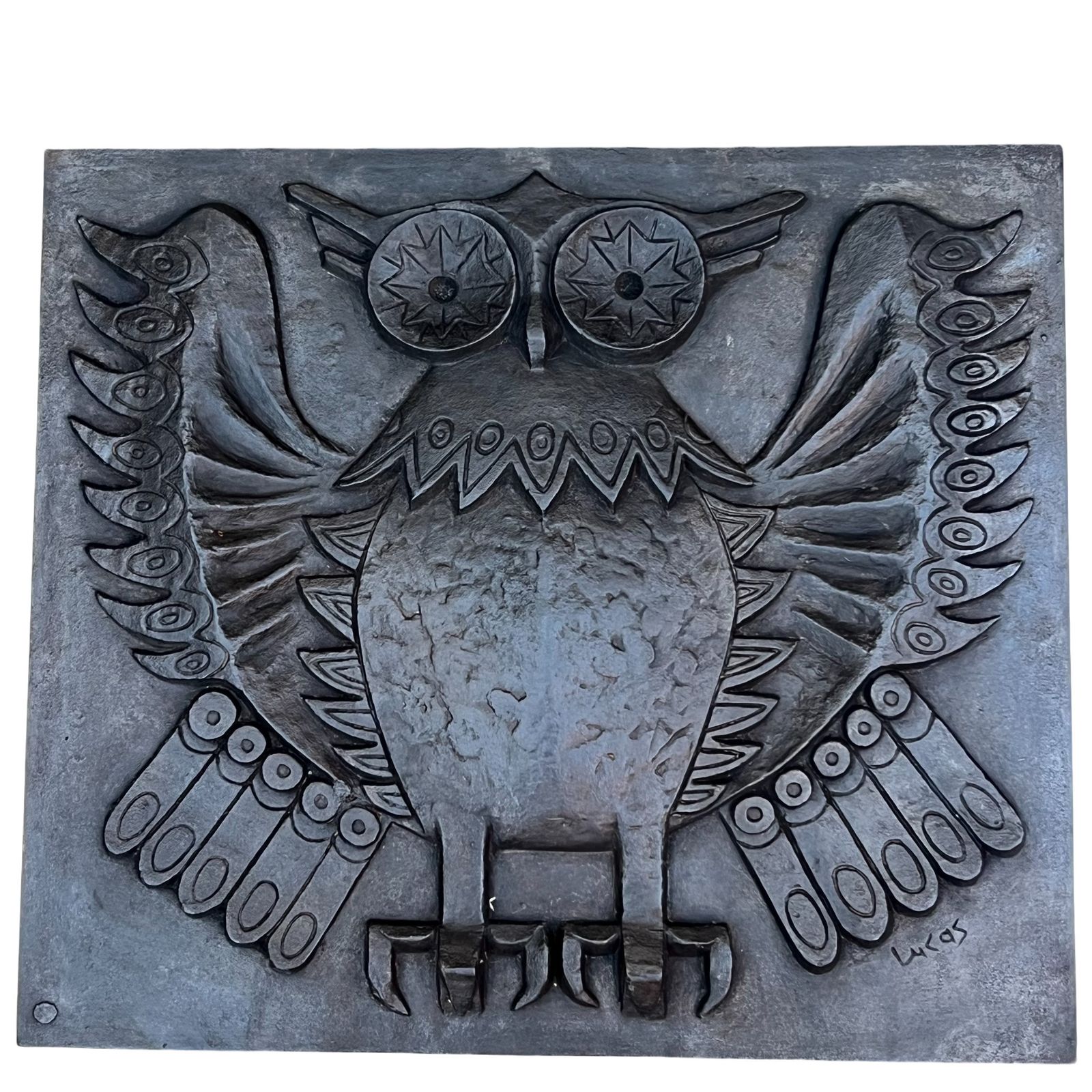Modernist Cast Iron Fireplace Backplate, Owl Design, Signed Lucas By The Stern Foundry