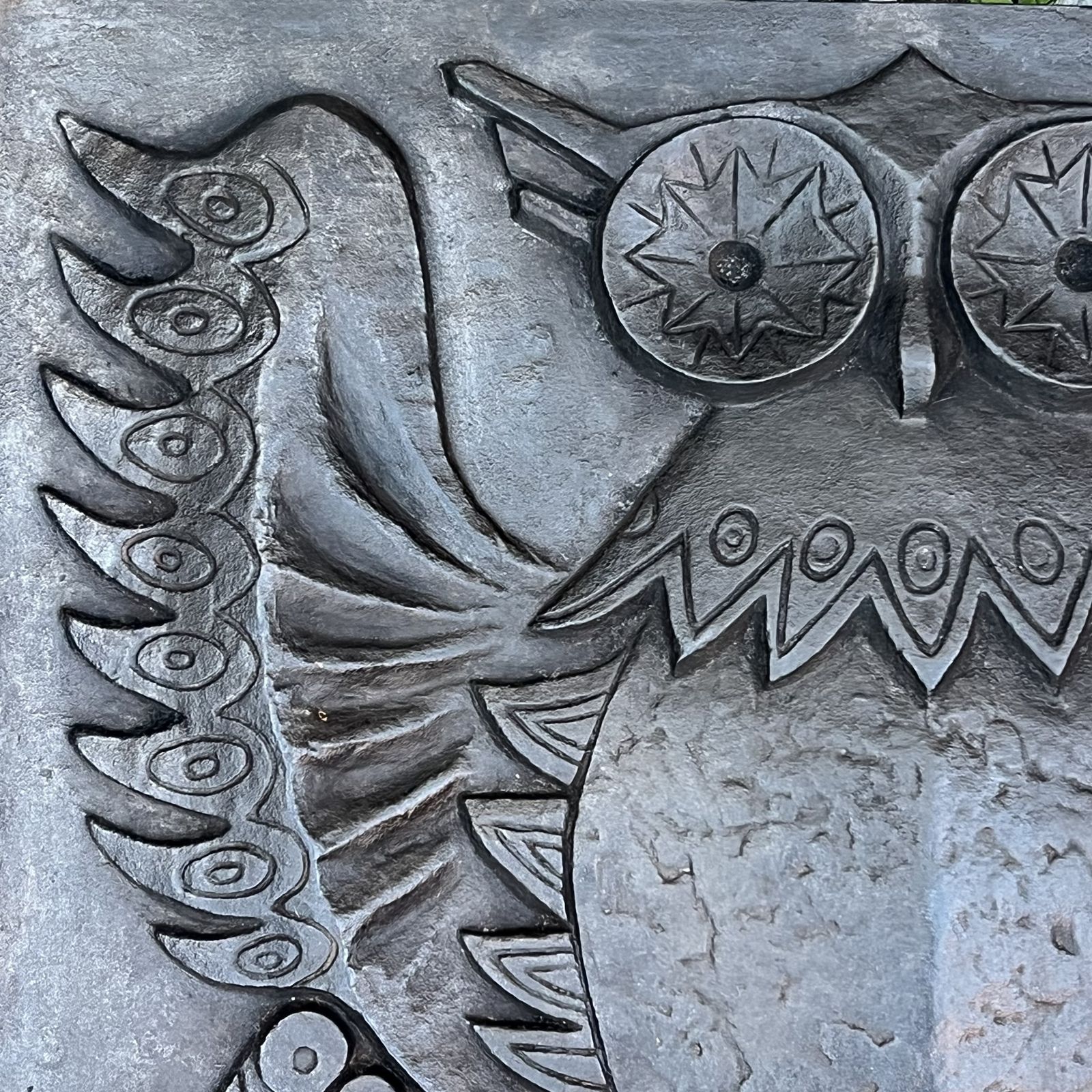 Modernist Cast Iron Fireplace Backplate, Owl Design, Signed Lucas By The Stern Foundry photo 1950.0