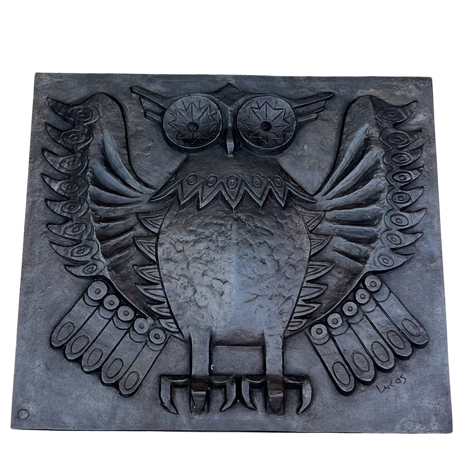 photo vintage Modernist Cast Iron Fireplace Backplate, Owl Design, Signed Lucas By The Stern Foundry