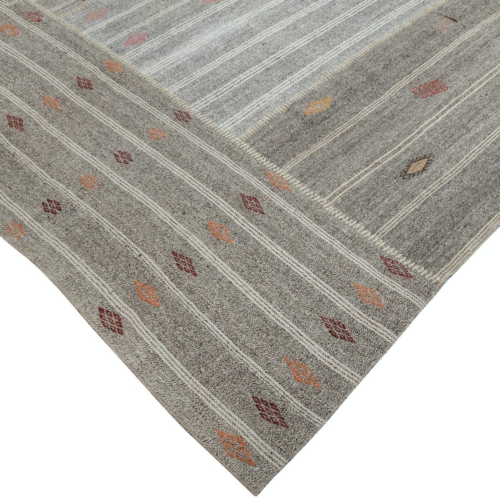 12x14,2 ft Vintage Grijze Kilim, Turks Handgeweven Tapijt van Katoen en Geitenhaar photo Textiel