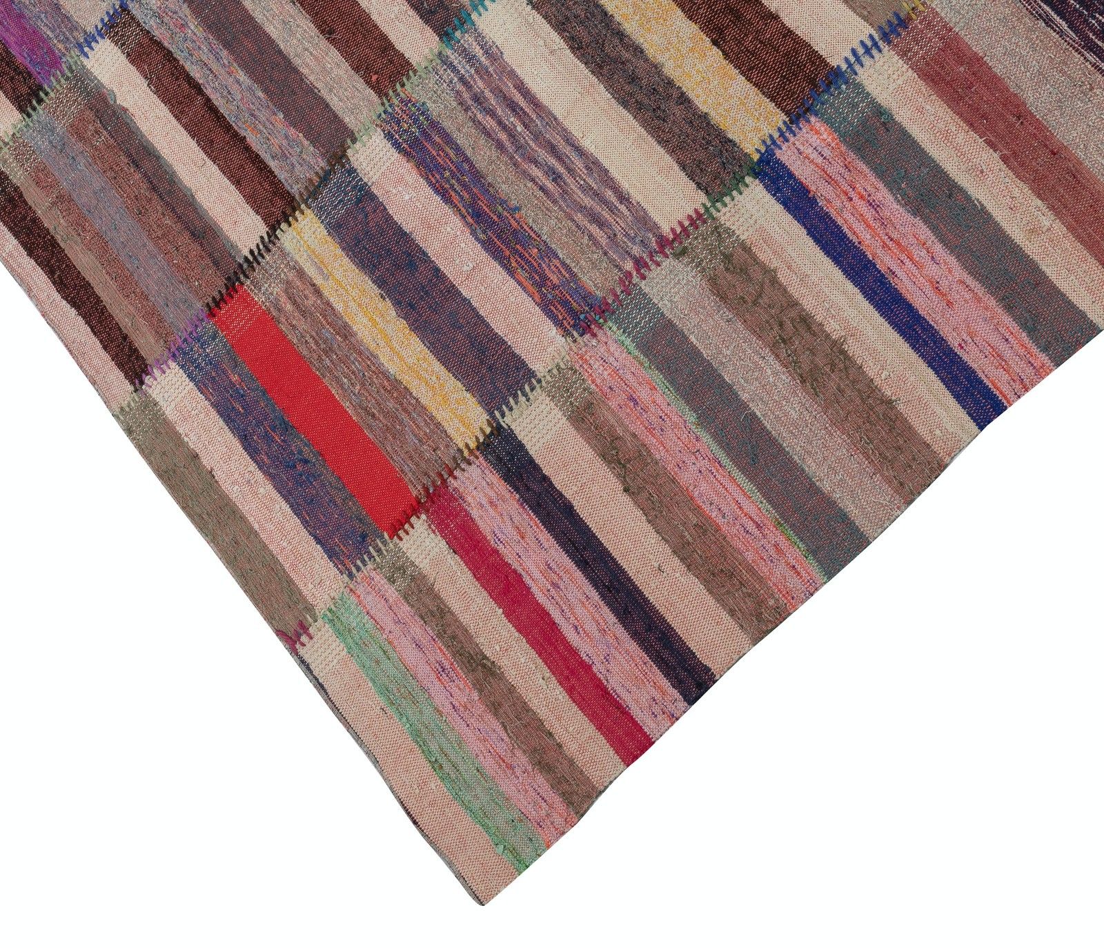 8x19.4 Ft Adjustable Vintage Cotton Kilim Carpet, Flat Weave Banded Rag Rug photo vinterior