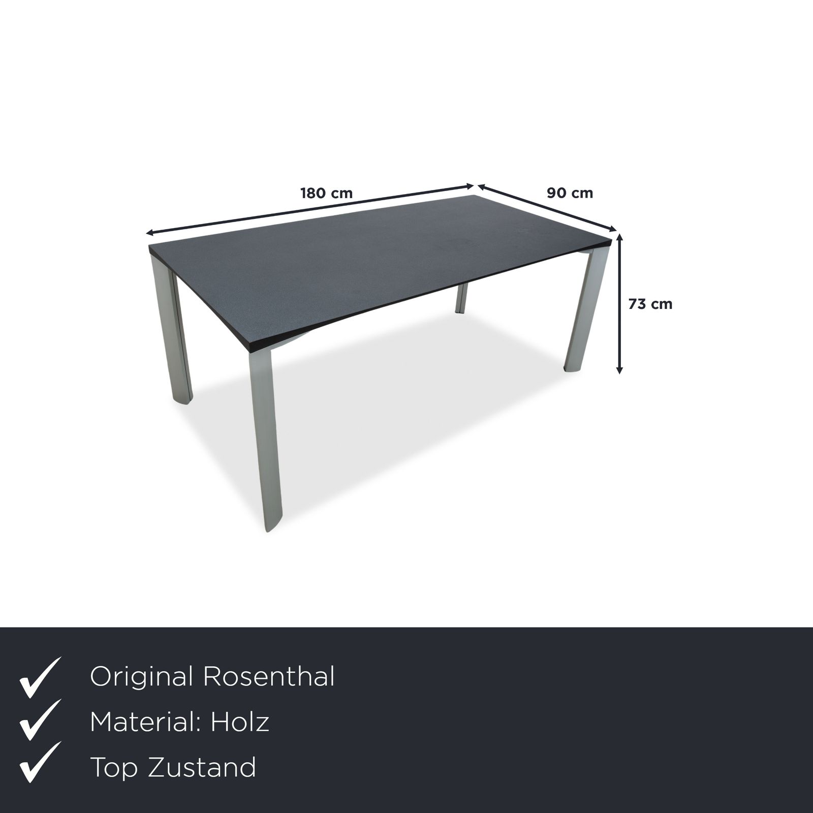 Table à manger Rosenthal, gris foncé, pieds argentés, 180 x 90 cm photo furniture