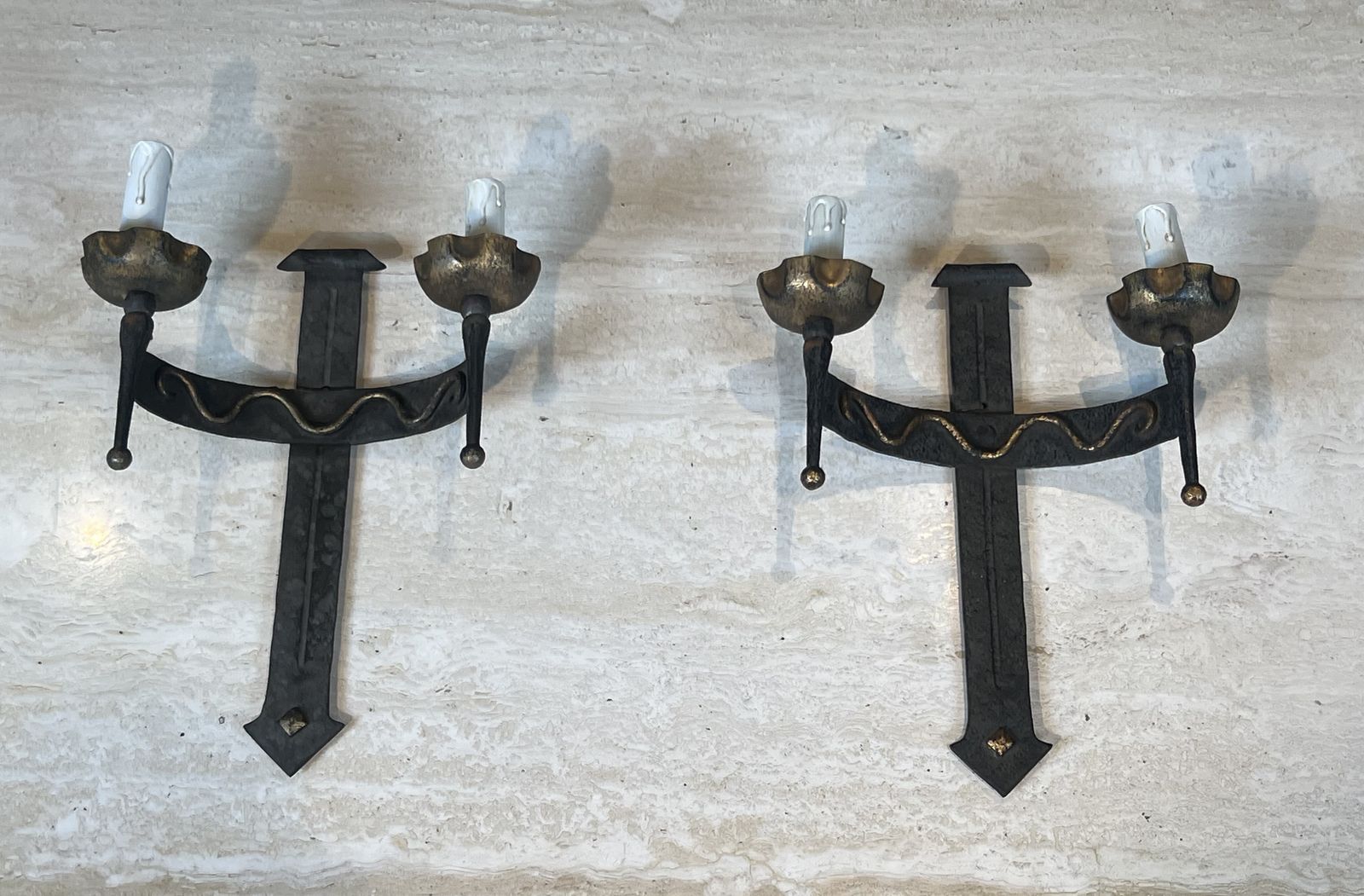 Pair Of Wrought Iron Wall Sconces With Coat Of Arms And Two Light Arms photo furniture