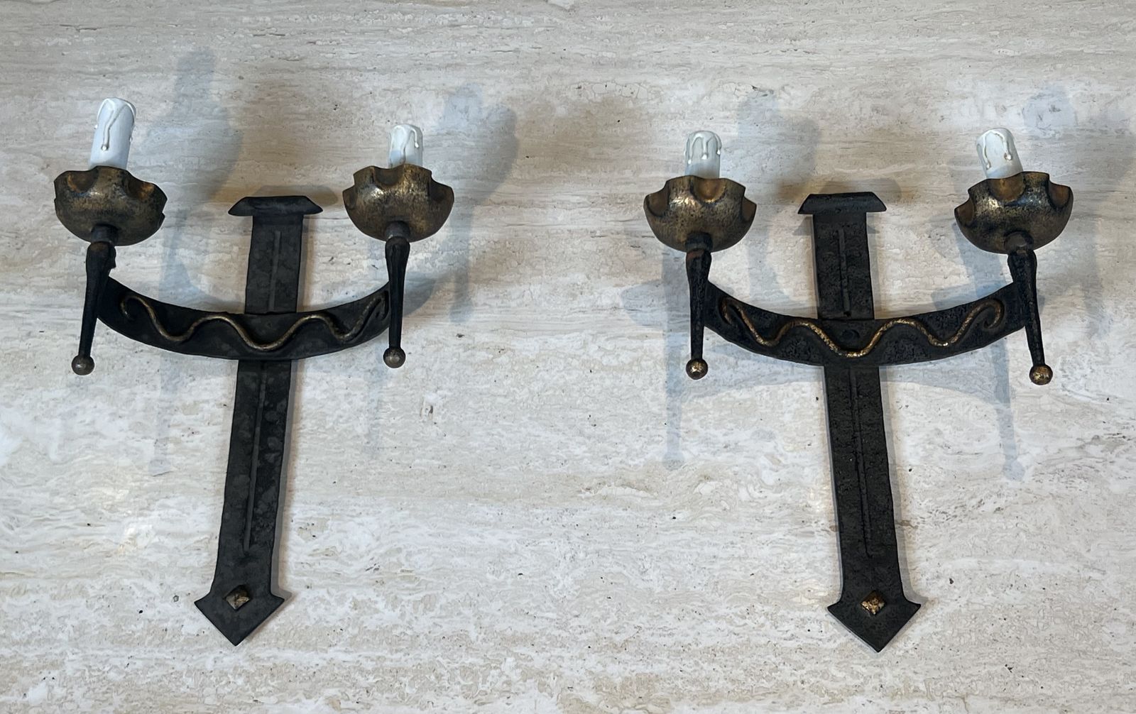Pair Of Wrought Iron Wall Sconces With Coat Of Arms And Two Light Arms photo for sale