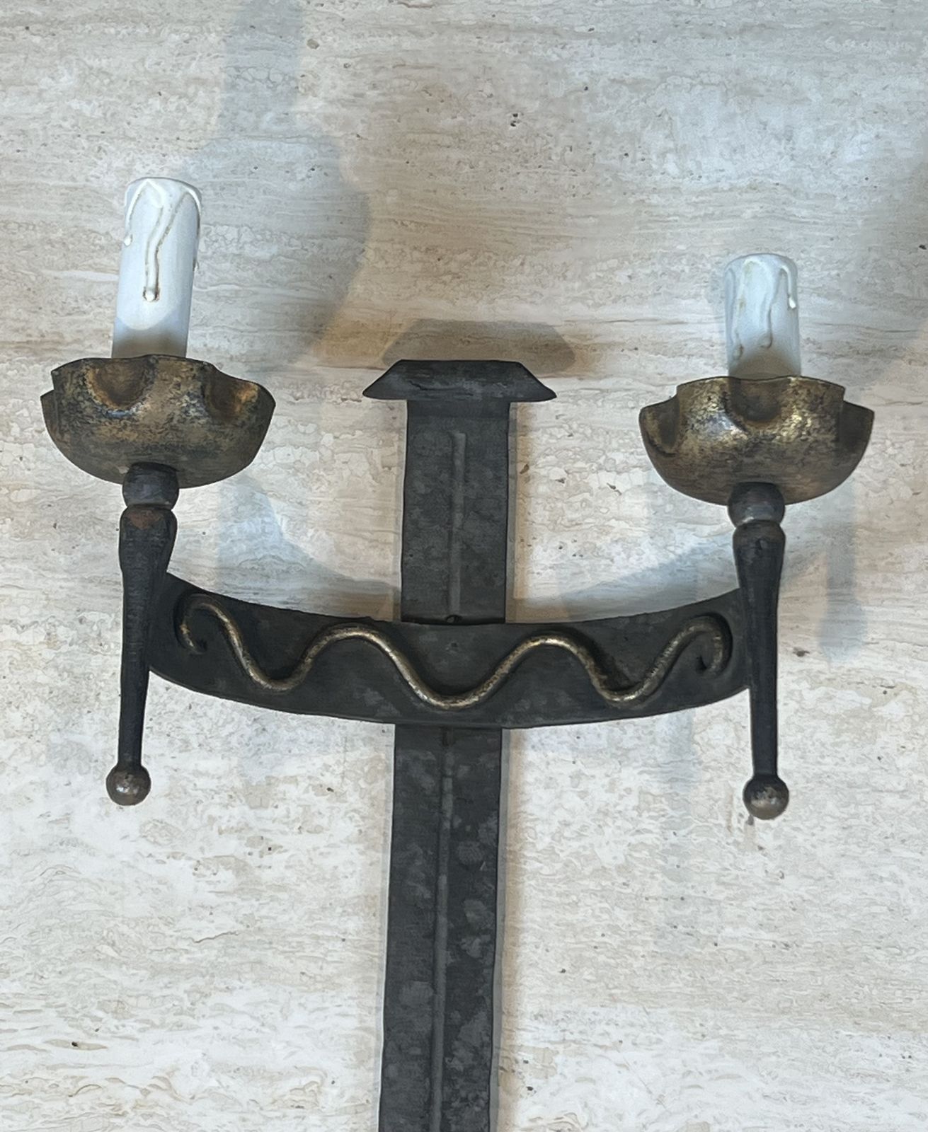 Pair Of Wrought Iron Wall Sconces With Coat Of Arms And Two Light Arms photo 850.0