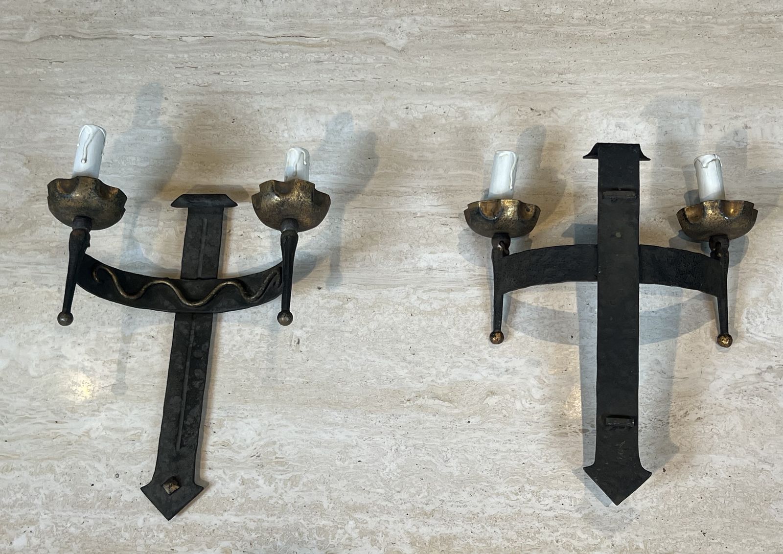 photo furniture Pair Of Wrought Iron Wall Sconces With Coat Of Arms And Two Light Arms