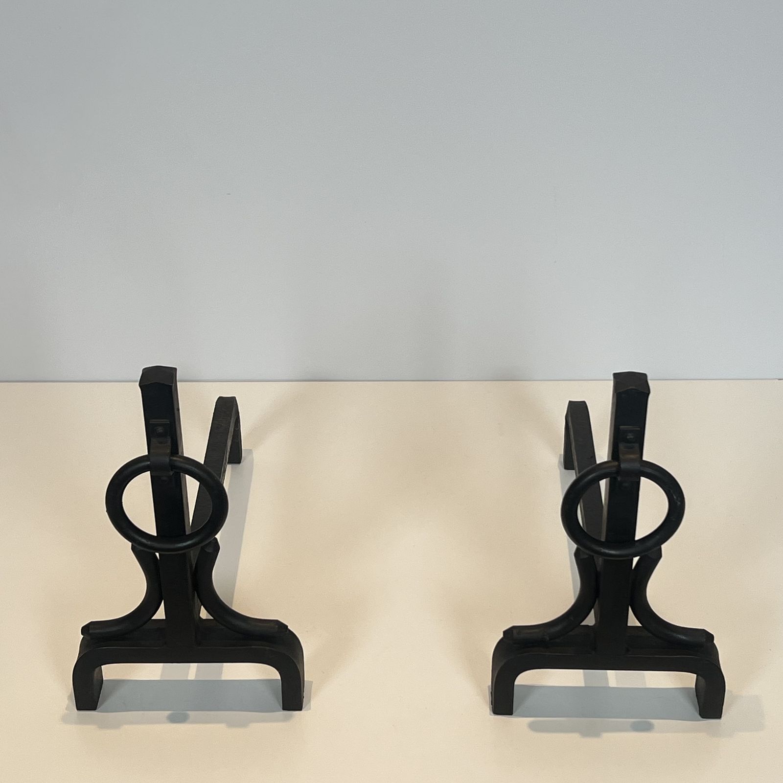 Pair Of Modernist Wrought Iron Andirons In The Style Of Jacques Adnet photo Home Fixtures