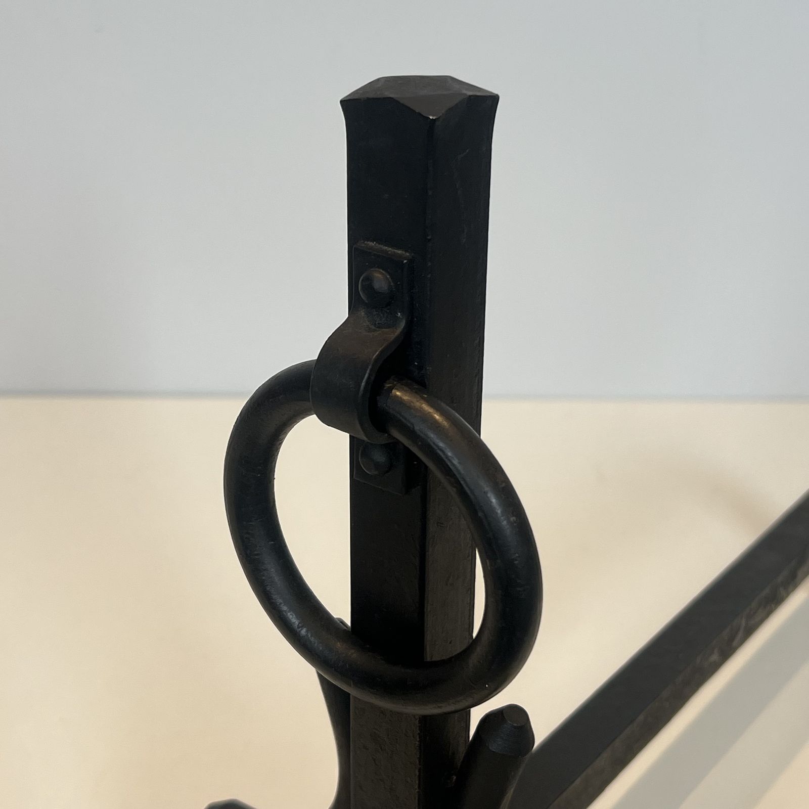 photo for sale Pair Of Modernist Wrought Iron Andirons In The Style Of Jacques Adnet