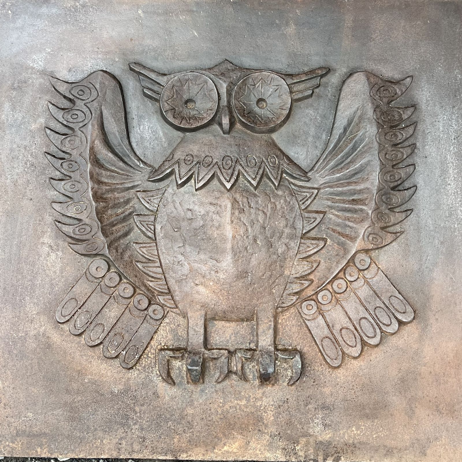 Important Modernist Cast Iron Fireback, Owl Model, Signed Lucas By The Stern Foundry photo for sale