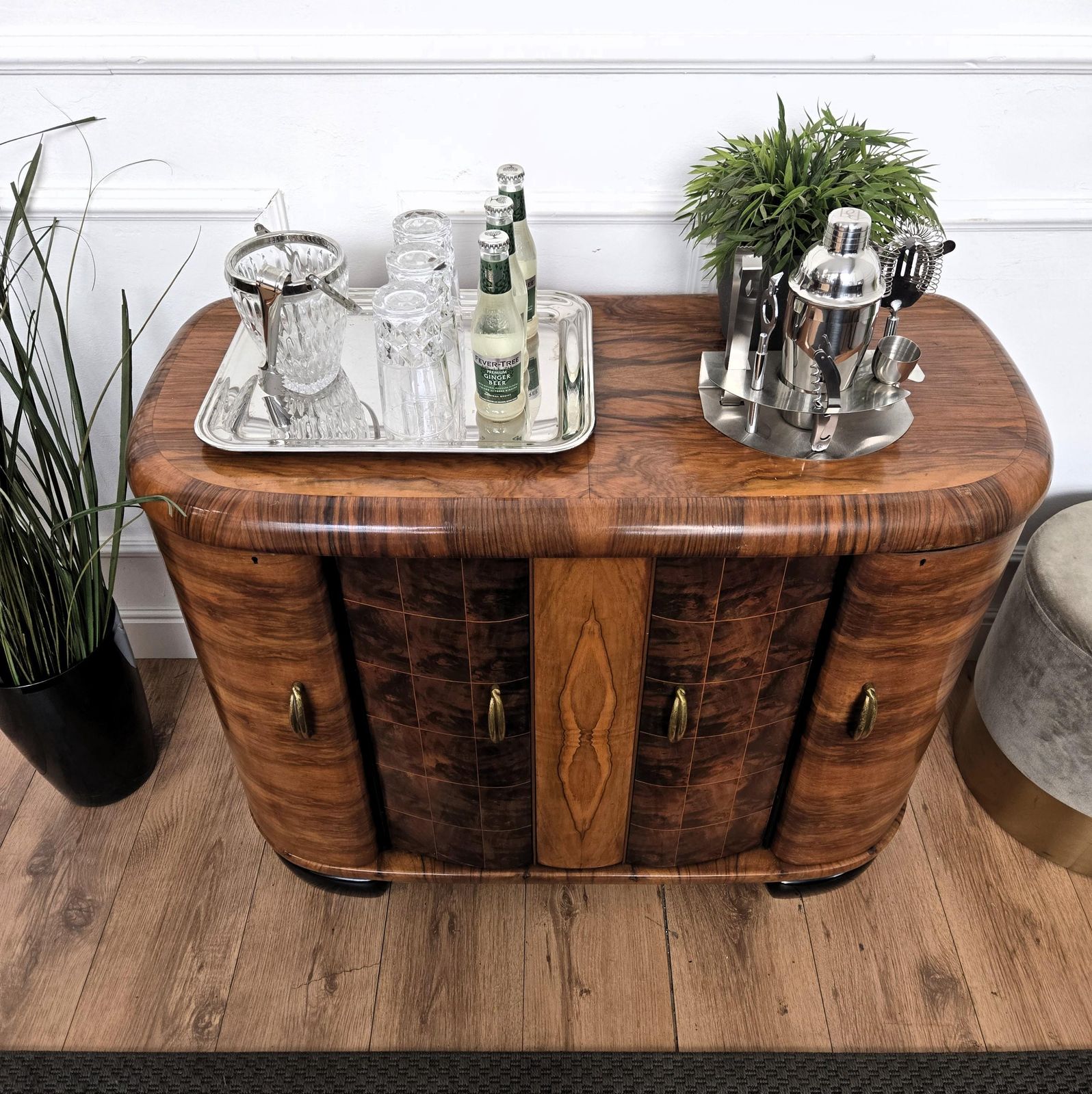 Italian 1940s Art Deco Mid Century Walnut Burl And Mirror Mosaic Dry Bar Cabinet photo 2222.0