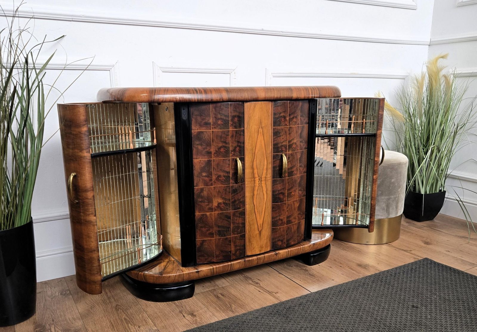 photo furniture Italian 1940s Art Deco Mid Century Walnut Burl And Mirror Mosaic Dry Bar Cabinet