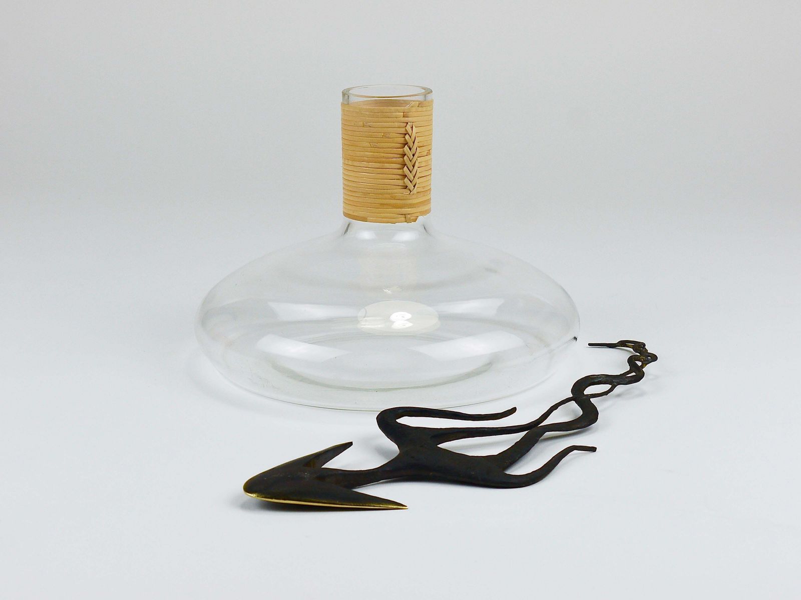 Carl Aubock Vase Decanter "Tuberkulinkolben" Raffia Wicker Top, Austria, 1950s photo furniture