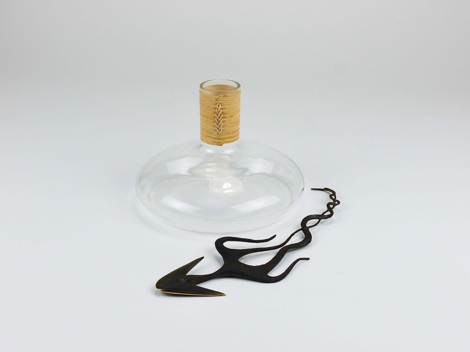 photo for sale Carl Aubock Vase Decanter "Tuberkulinkolben" Raffia Wicker Top, Austria, 1950s