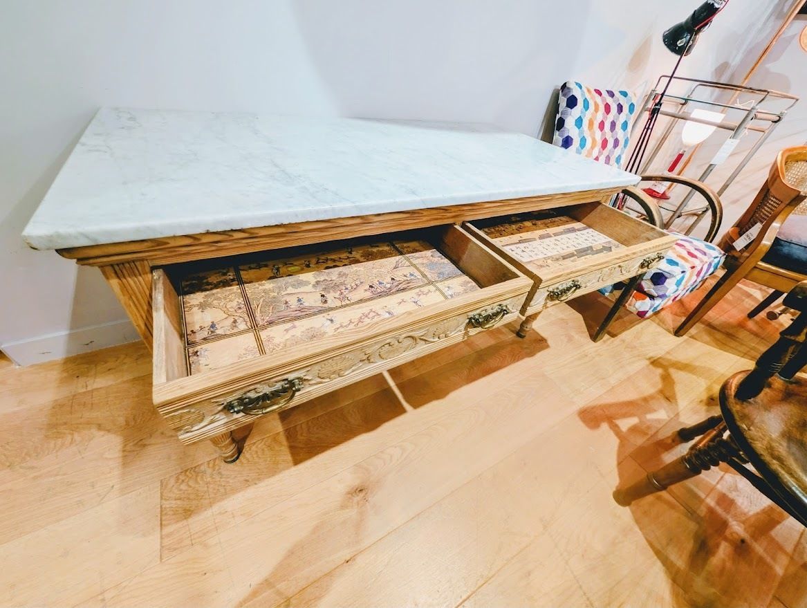 19th Century Marble Top, Hand Carved Pitch Pine Table By John Reid & Sons photo vinterior