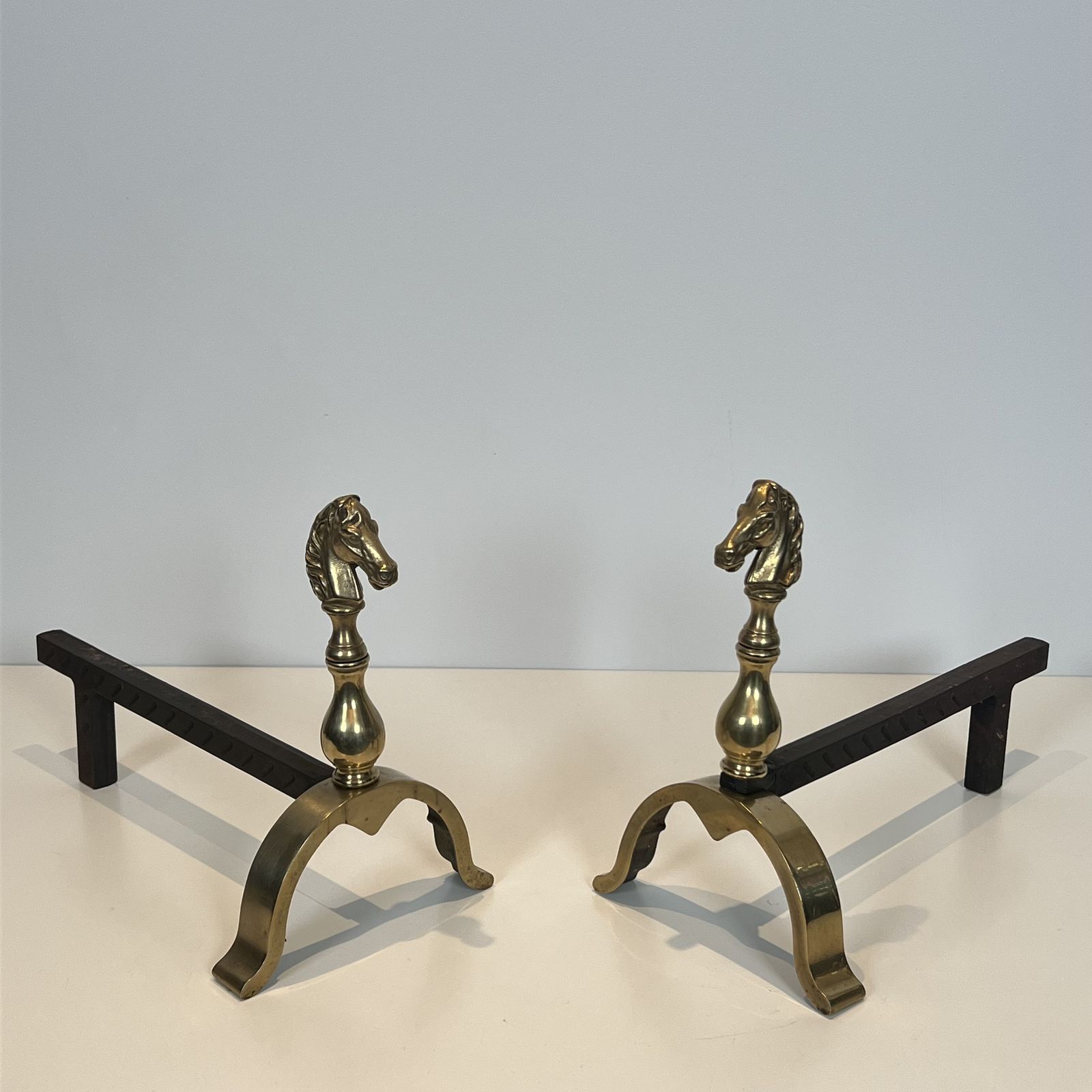 Pair Of Brass Horse Shaped Andirons photo furniture