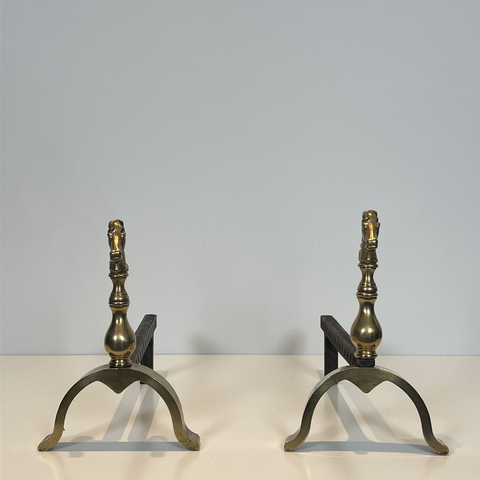 Pair Of Brass Horse Shaped Andirons photo Home Fixtures