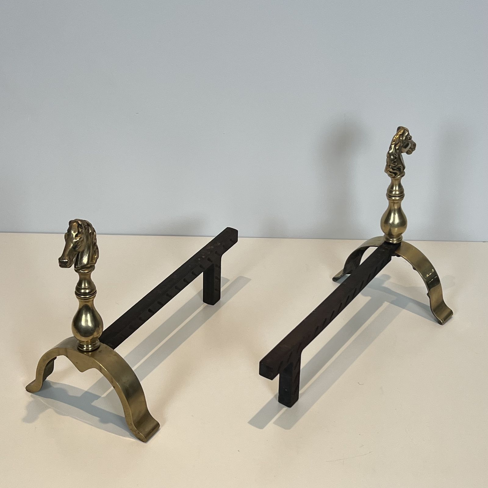 Pair Of Brass Horse Shaped Andirons photo vinterior