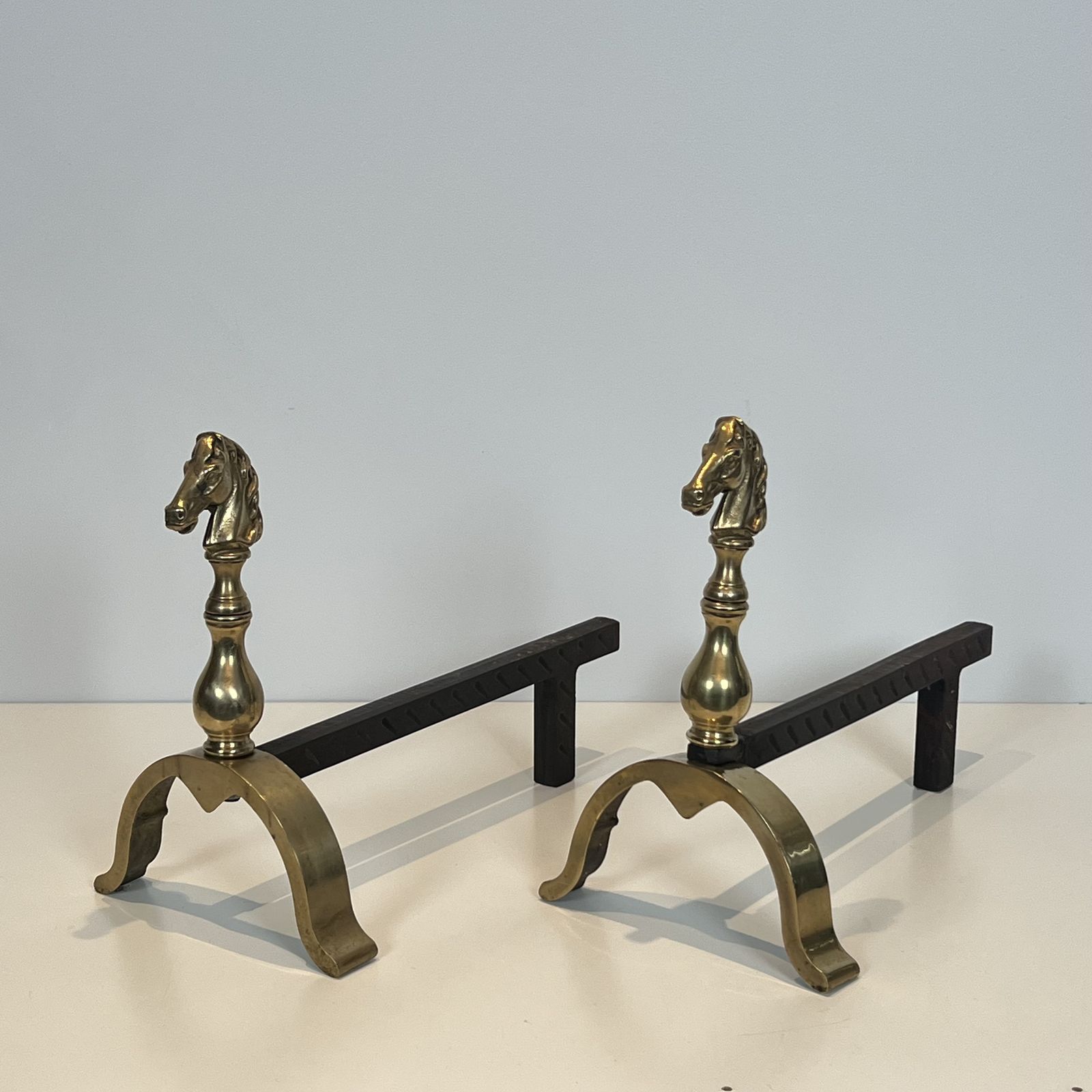 1450.0 Pair Of Brass Horse Shaped Andirons photo
