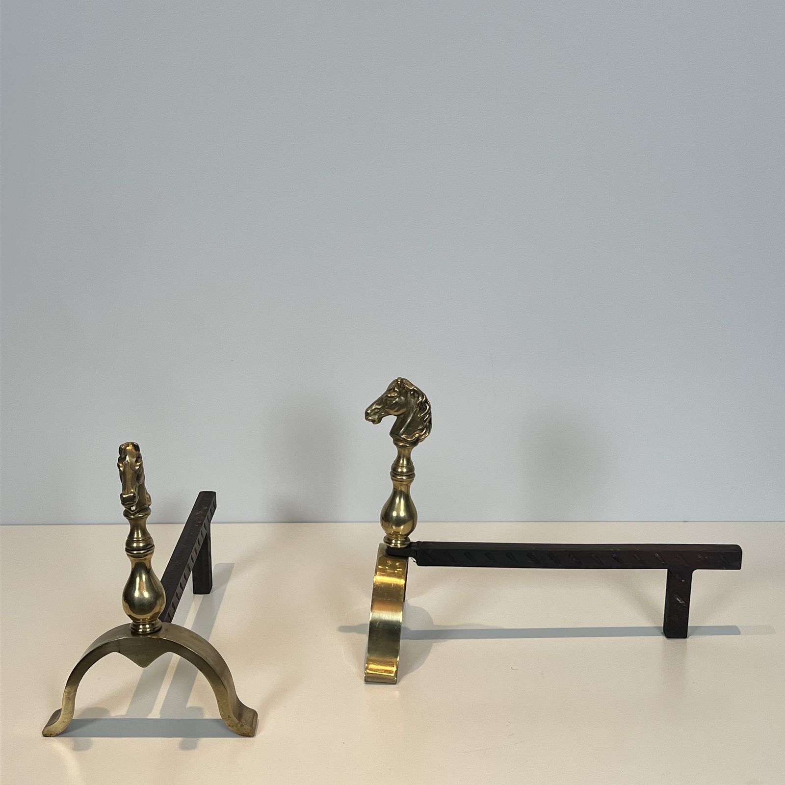 photo vinterior Pair Of Brass Horse Shaped Andirons
