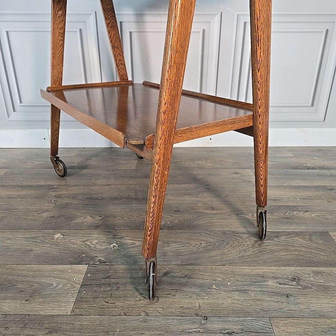 190.0 Vintage Oak Trolley Table Drop Leaf On Castors Mid Century Modern Wooden Retro photo