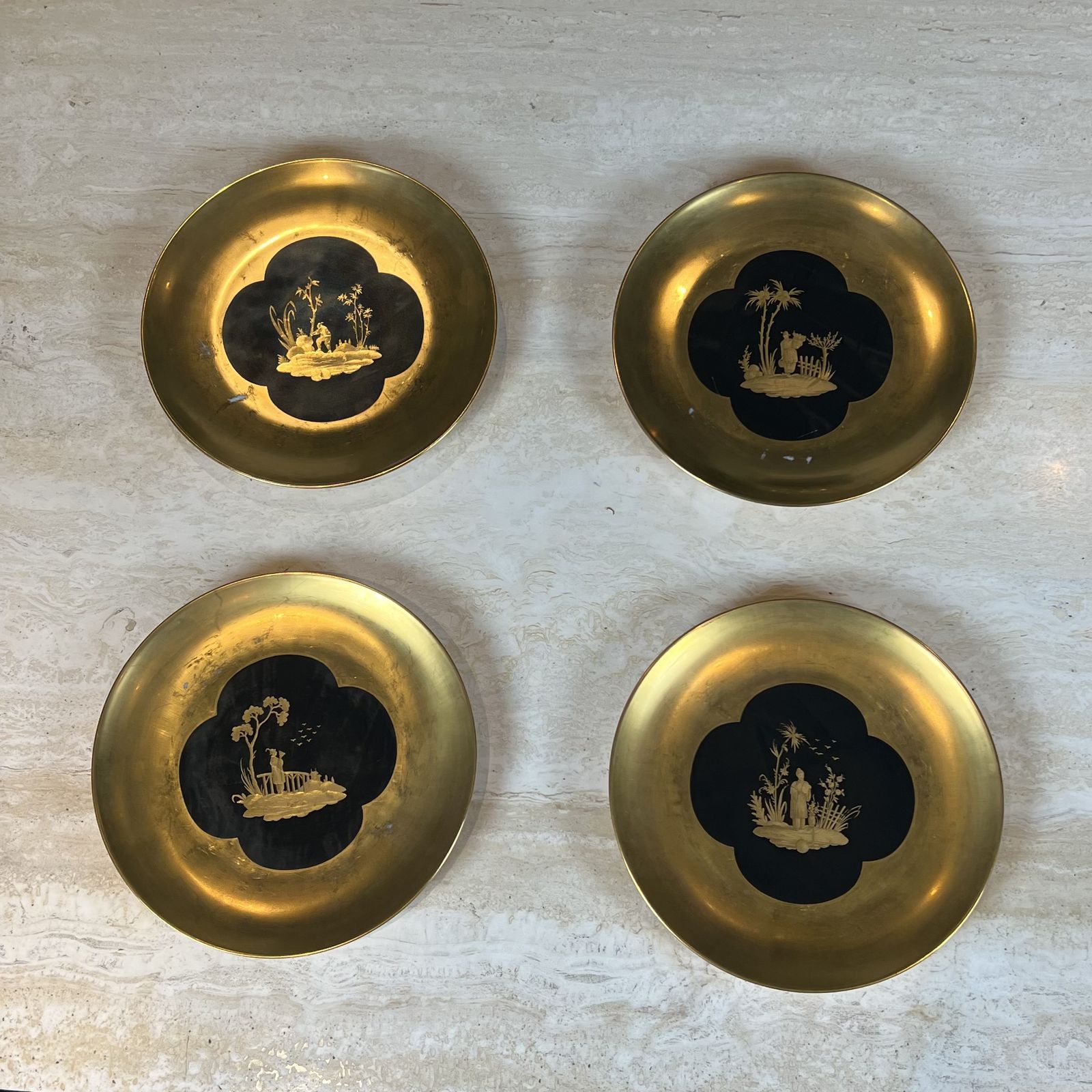 Set Of 8 Gilt Porcelain Plates With Gilt Chinoiserie Decoration On A Black Ground, Signed Delvaux Paris photo for sale