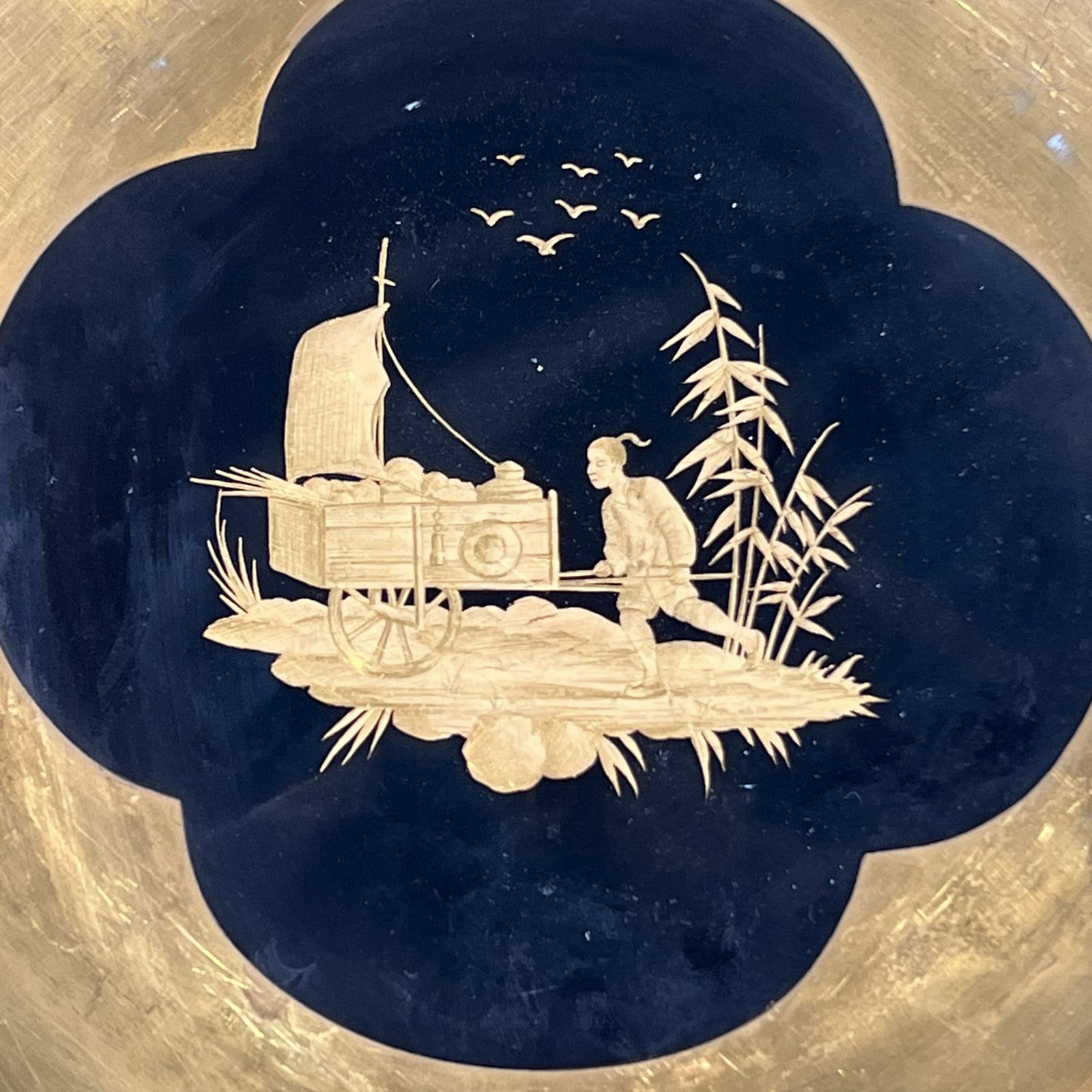 photo buy Set Of 8 Gilt Porcelain Plates With Gilt Chinoiserie Decoration On A Black Ground, Signed Delvaux Paris