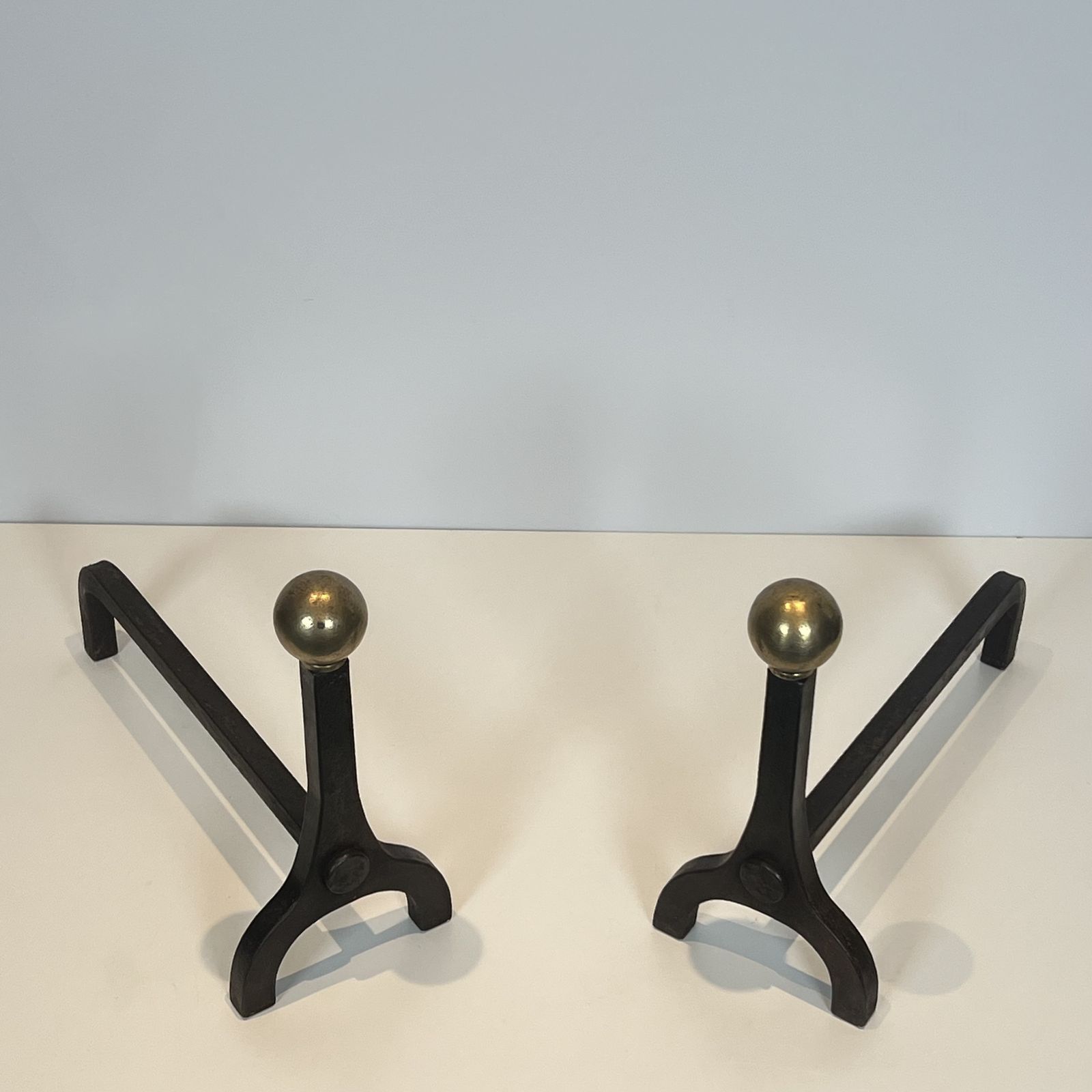 Pair Of Modernist Andirons In Steel, Wrought Iron And Brass By Jacques Adnet photo Home Fixtures