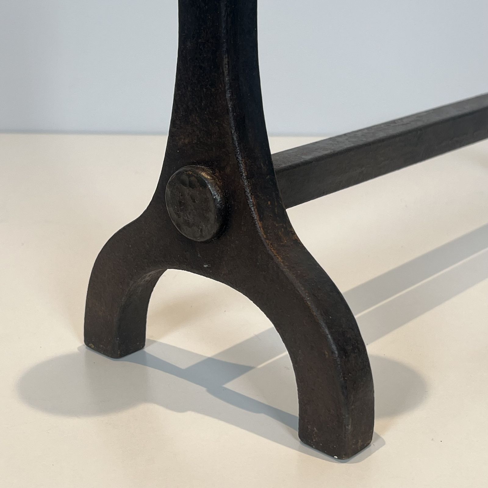 photo furniture Pair Of Modernist Andirons In Steel, Wrought Iron And Brass By Jacques Adnet