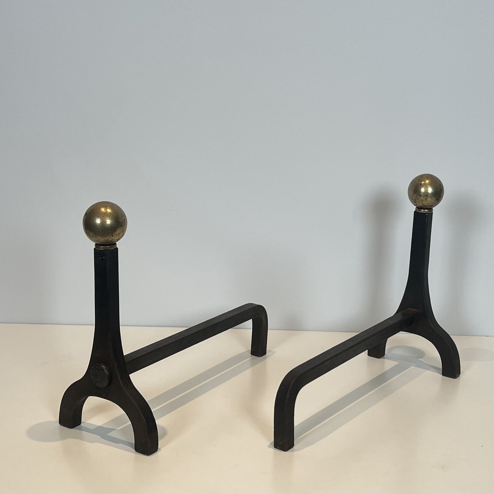 Home Fixtures Pair Of Modernist Andirons In Steel, Wrought Iron And Brass By Jacques Adnet photo