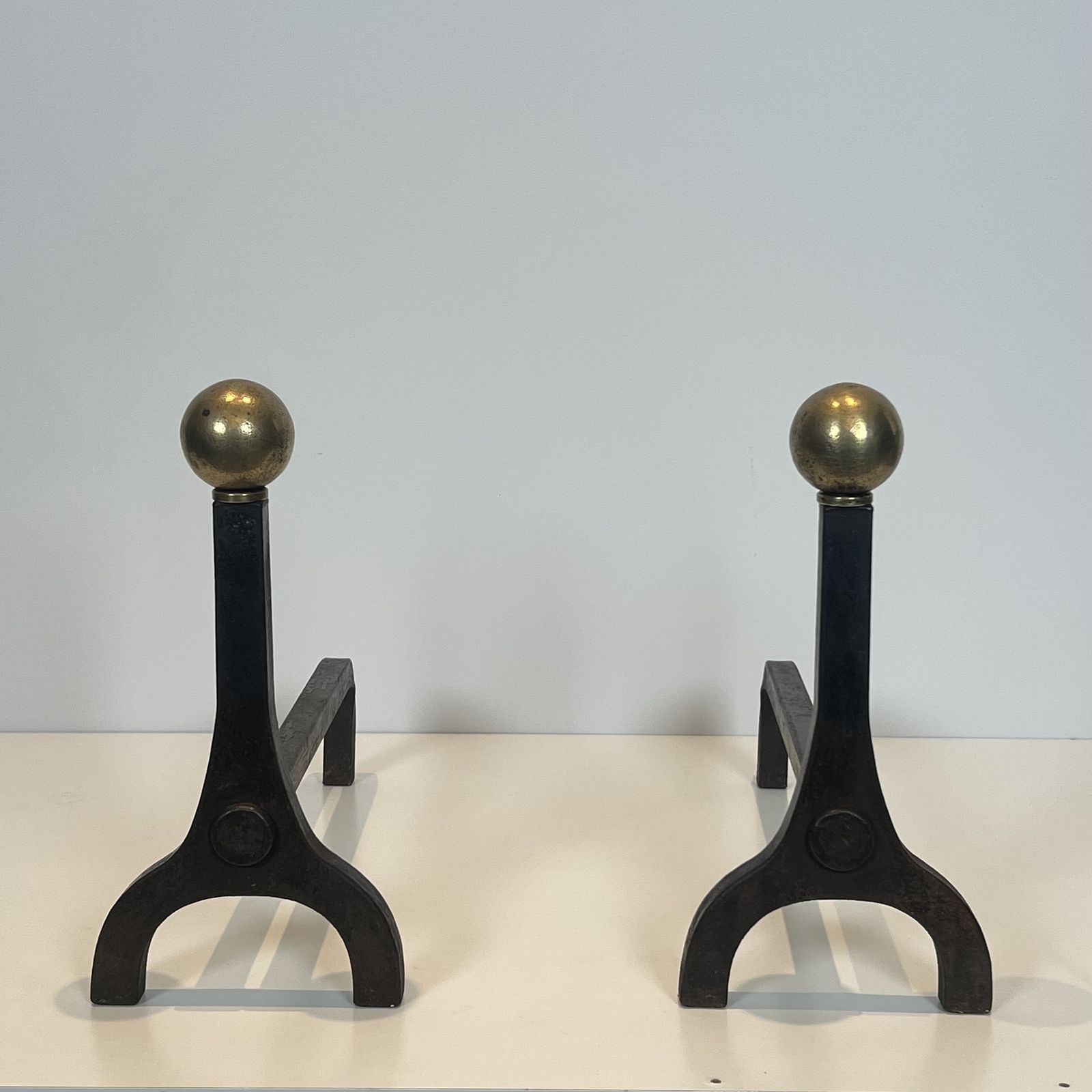 2800.0 Pair Of Modernist Andirons In Steel, Wrought Iron And Brass By Jacques Adnet photo