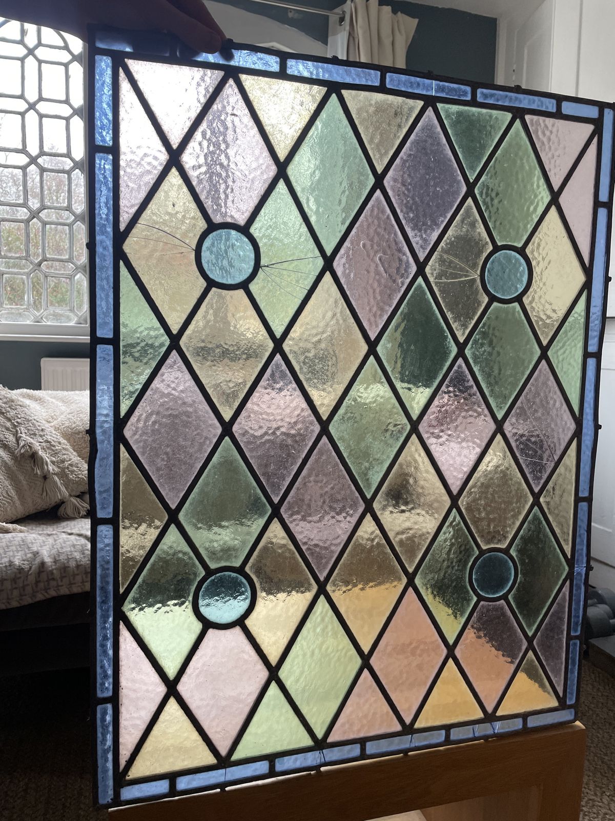 Large Edwardian Pastel Diamond Quarry Leaded Window With Circular Bullseye Motifs photo for sale