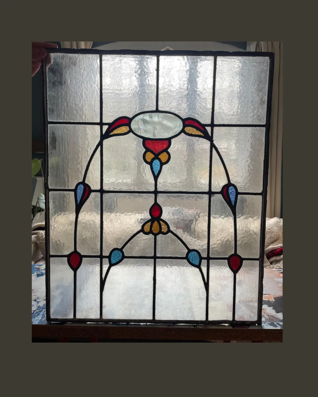 Victorian  Leaded & Coloured Glass Window Panel With Stylised Floral Motif C1890