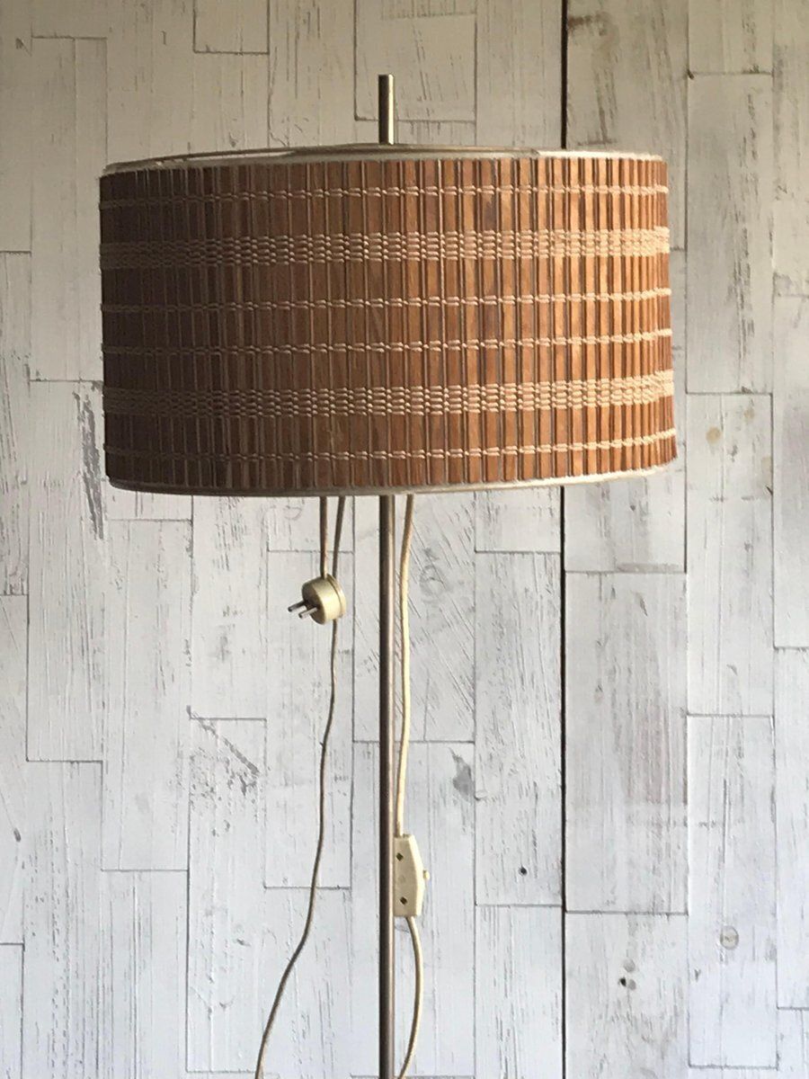 Mid Century Floor Lamp With Wooden Shade, 1950s photo Lighting